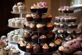cupcake tower, with piped frosting and decorative toppings