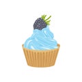 Cupcake. Vanilla cupcake with blueberries. Berry vanilla muffin with blue cream. Sweet dessert. Vector illustration