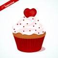 Cupcake with vanilla cream and red sugar heart for Valentines day. Greeting card, background, poster or template for