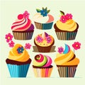 Cupcake vector set. Cupcakes with cream and sprinkles AI generated Royalty Free Stock Photo