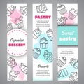 Cupcake vertical banners with handdrawn cupcakes and pink splashes. Sweet pastry slogan. Bakery Desserts collection
