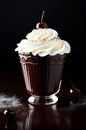 A cupcake with whipped cream and cherries on top.