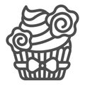 Cupcake with whipped cream and flower deco with bow line icon, pastry concept, muffin vector sign on white background