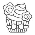 Cupcake with whipped cream and flower deco with bow thin line icon, pastry concept, muffin vector sign on white