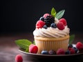 Cupcake with whipped cream and fresh raspberries, blueberries and blackberries on plate over dark background, close up. Vanilla Royalty Free Stock Photo