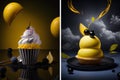 Cupcake with whipped cream, lemon and blackberry on a black background