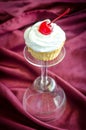 Cupcake with whipped cream and maraschino cherry