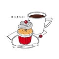 Cupcake with whipped cream and raspberries. A cup of coffee with a saucer, spoon and napkin.