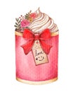 Cupcake with whipping cream . Valentines day object . Watercolor painting elements . Illustration