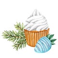 Cupcake with white cream and strawberry with glaze blue chocolate on fir tree branches background. Winter watercolor