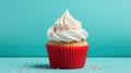 a cupcake with white frosting on a blue background. generative ai