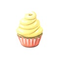 Cupcake with yellow cream and coral-colored mold. Watercolor illustration. An isolated object from a large set of happy
