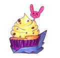 Cupcake with yellow cream in a purple package with a decor in the form of a rabbit. Drawn by hand, alcohol markers.