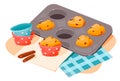 Cupcakes in baking molds. Homemade cakes.