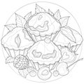 Cupcakes with berries. Raspberry, strawberry, cherry,blueberry, mint and apricot.Tasty sweets.Coloring book antistress for