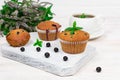 Cupcakes with black currants on a white wooden cutting board against the background of a cup of tea and mint flowers Royalty Free Stock Photo