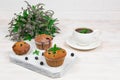 Cupcakes with black currants on a white wooden cutting board against the background of a cup and mint flowers. Royalty Free Stock Photo