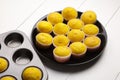 Cupcakes on black plate, baking tray on white wooden table. Pumpkin muffins Royalty Free Stock Photo