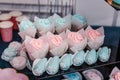 Cupcakes with blue and pink cream. Table with sweets for gender party. Baby Shower party decor. Delicious reception. Celebration Royalty Free Stock Photo