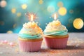 Cupcakes with burning candles. Beautiful lights at background. Happy birthday. Party, holiday mood. AI Generated Royalty Free Stock Photo