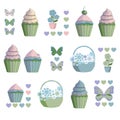 Cupcakes, butterflies, hearts, flowers basket pattern. Royalty Free Stock Photo