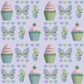 Cupcakes, butterflies, hearts, flowers seamless pattern. Royalty Free Stock Photo
