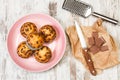 Cupcakes with chocolate chips on a pink plate