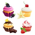 Cupcakes collection. Realistic muffins with cream, fruits, vanilla, chocolate. Vector cupcakes isolated on white