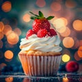 Cupcakes, Color Strawberries Cup Cake, Delicious Fruit Cupcakes on Blurred Bokeh Background Royalty Free Stock Photo