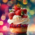 Cupcakes, Color Strawberries Cup Cake, Delicious Fruit Cupcakes on Blurred Bokeh Background Royalty Free Stock Photo