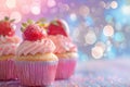 Cupcakes, Color Strawberries Cup Cake, Delicious Fruit Cupcakes on Blurred Bokeh Background Royalty Free Stock Photo