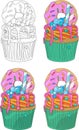 Cupcakes with colorful cream, rainbow sprinkles and donut seamless pattern