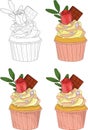 Cupcakes with colorful cream, sprinkles, roses and chocolate four different ways