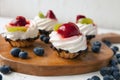 cupcakes with cottage cheese on vintage tray-tasty muffin with strawberry and kiwi on wooden plate