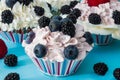 CUPCAKES WITH CREAM AND BERRIES. Royalty Free Stock Photo