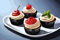 Cupcakes with cream and cherry on a plate. Vector illustration, tasty delicious bakery, celebration, generative ai Royalty Free Stock Photo