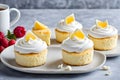 Cupcakes with creamy icing on a grey background. Template for displaying product presentation. Artificial Intelligence