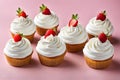 Cupcakes with creamy icing on a pink background. Template for displaying product presentation. Artificial Intelligence