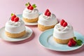 Cupcakes with creamy icing on a pink background. Template for displaying product presentation. Artificial Intelligence