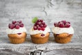 Cupcakes with curd cream and red currants