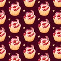 Cupcakes cute seamless pattern in cartoon style. Vector illustration background with cakes and hearts. Royalty Free Stock Photo