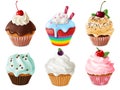 Cupcakes 3d set. Realistic sweet dessert with cream and berries, vanilla cakes. Chocolate cupcake, creamy confectionery