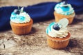 Cupcakes decorated with blue creamcheese and fresh berries. Tasty cupcakes with blueberry on wooden background. Birthday cupcakes