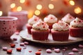 Cupcakes decorated for Valentine\'s Day sprinkled with hearts in pink tones. A romantic dessert for special occasions