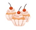 Cupcakes decorated with whipped cream cheese and cherry. Sweet vanilla muffins in paper cups. Baked dessert, sugar snack