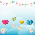 Cupcakes flying with paper hearts balloons on the cloud