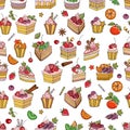 Cakes, cupcakes, fruit and berries. Seamless pattern, vector illustration