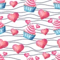 Cupcakes and hearts seamless vector pattern in watercolor style.