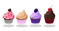 Cupcakes icon set. Strawberry, Creme Brulee Coffee, Blackberry, Dark Chocolate taste. Decorated with heart-shaped