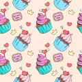 Cupcakes and muffin, sketch, seamless vector pattern, doodle, hand drawing